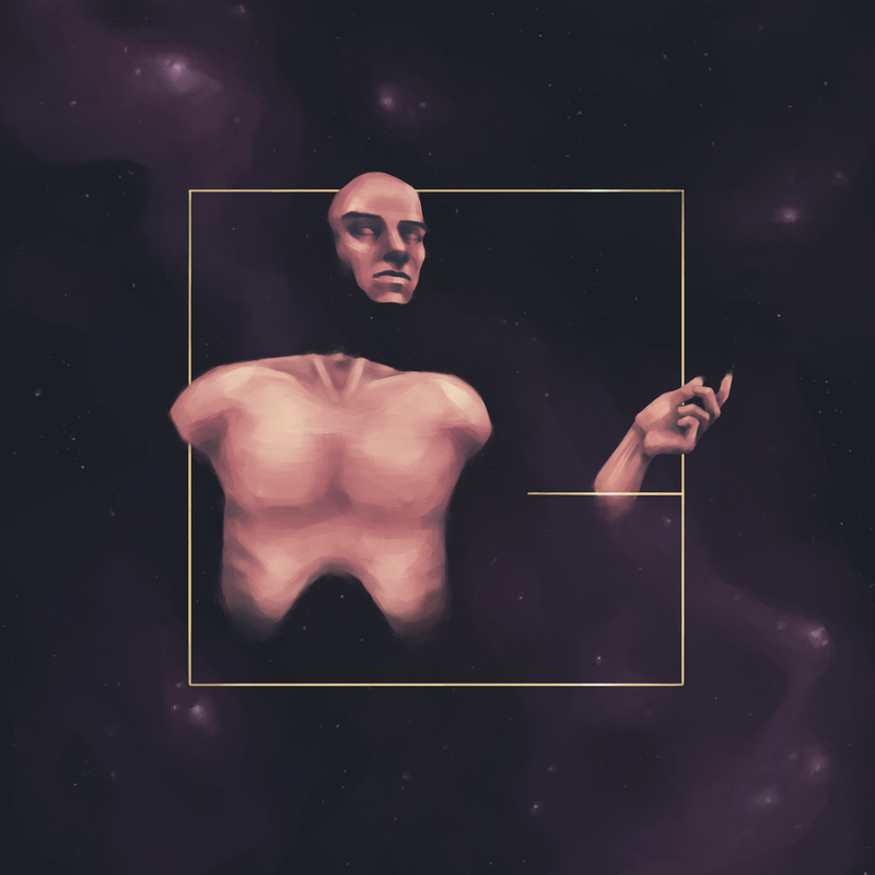 pintura digital ser cósmico corpo fragmentado dorso e máscara frontal e mão inscritos num quadrado de linha dourada com fundo de nebulosas roxas